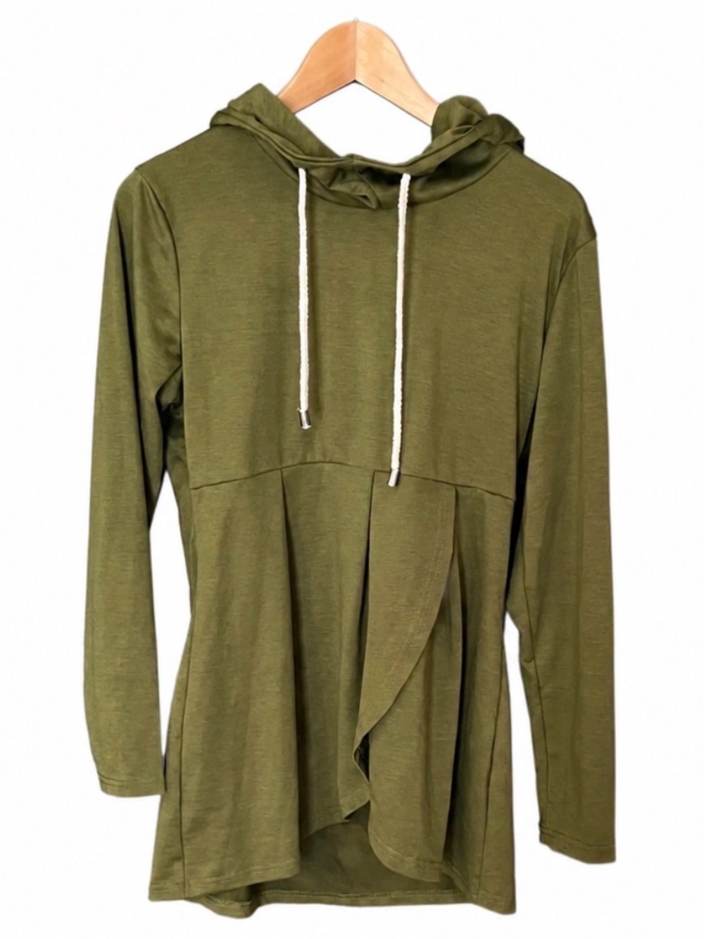 Olive Green Hooded Long-Sleeve Tunic Top Asymmetrical Hem Medium